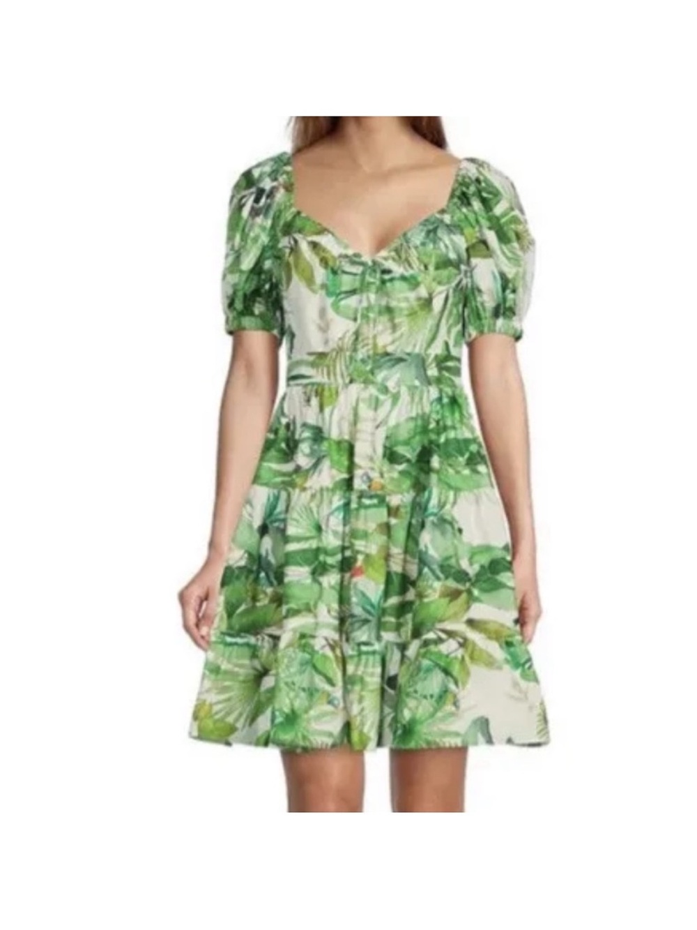 Antonio Melani Tropical Leaf Puff-Sleeve Mini Dress in Green